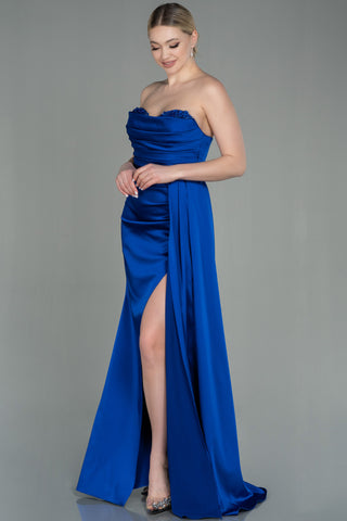 Blue Floor Length Satin Gown
